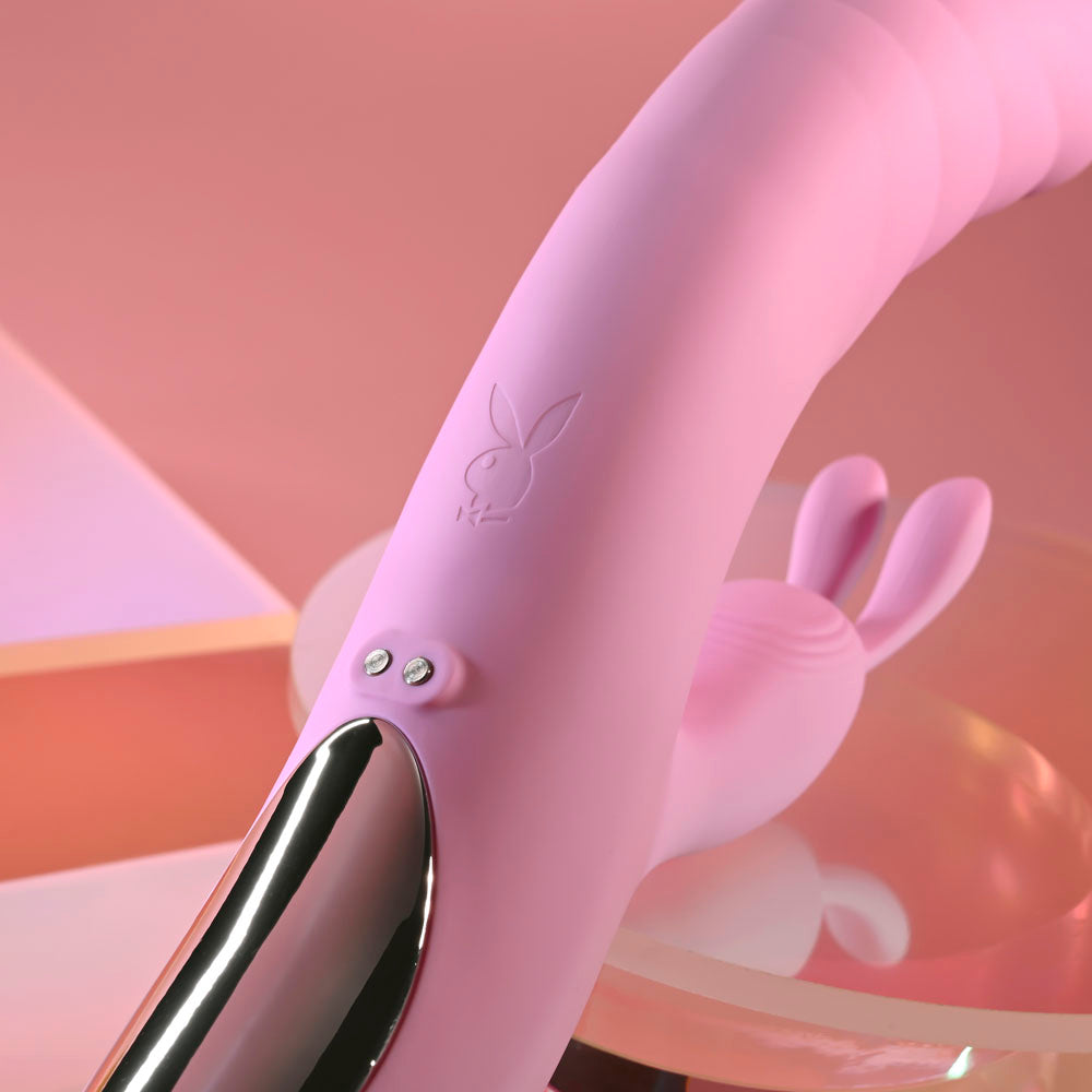 Playboy Pleasure RUB ME RIGHT - 23.2 cm USB Rechargeable Thrusting Rabbit Vibrator close-up image.