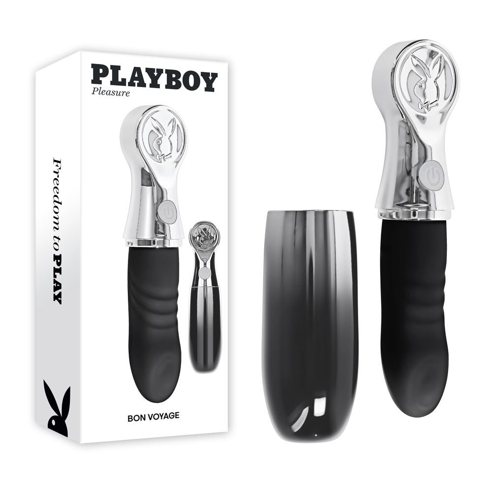 Playboy Pleasure BON VOYAGE - /Chrome 18.7 cm USB-C Rechargeable Tapping Vibrator packaging and product image.