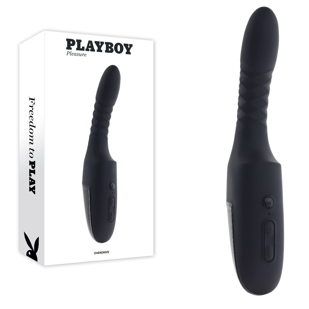 Playboy Pleasure OVERDRIVE USB rechargeable thrusting vibrator showcasing its sleek design and control features.