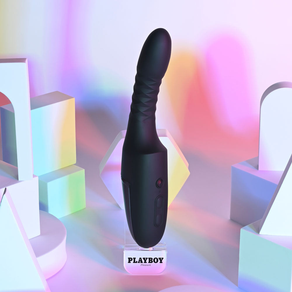 Playboy Pleasure OVERDRIVE - 28.2 cm USB Rechargeable Thrusting Vibrator on display with modern geometric background.