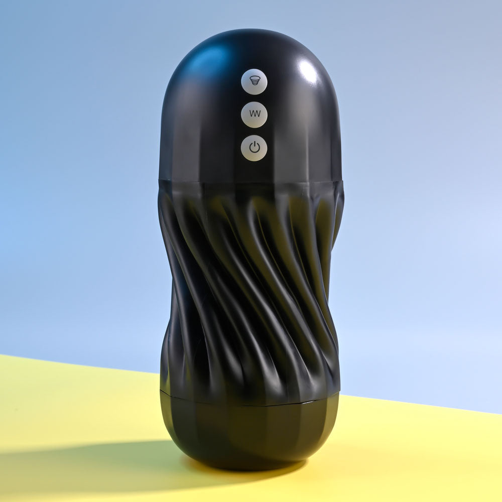 Playboy Pleasure SOLO - USB Rechargeable Vibrating and Sucking Stroker on a yellow and blue background.