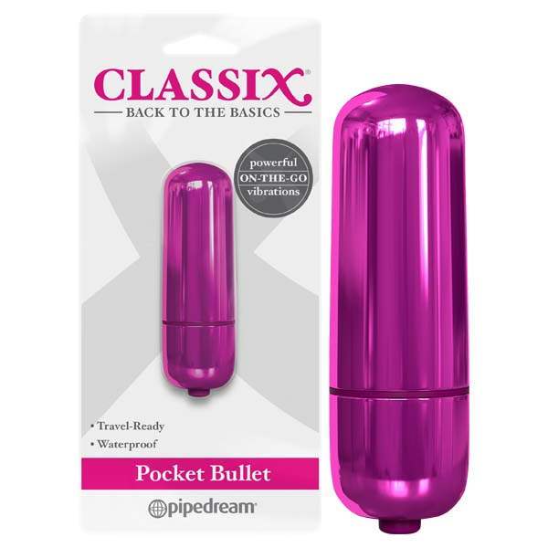 Classix Pocket Bullet - Metallic 5.6 cm Bullet packaging showcasing the waterproof vibrating toy for on-the-go pleasure.