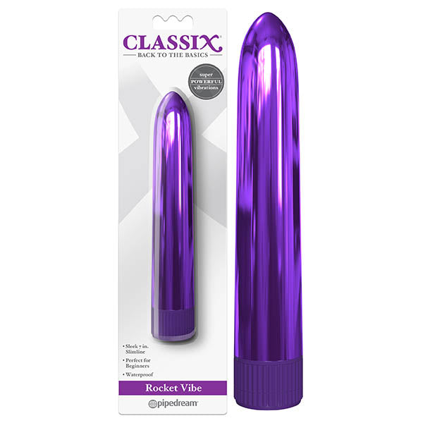 Classix Rocket Vibe - Metallic  17.8 cm (7'') Vibrator displayed in sleek purple packaging with features highlighted.
