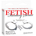 Fetish Fantasy Series Beginner's Metal Cuffs packaging with metal handcuffs and keys, perfect for beginners.