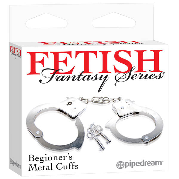 Fetish Fantasy Series Beginner's Metal Cuffs packaging with metal handcuffs and keys, perfect for beginners.