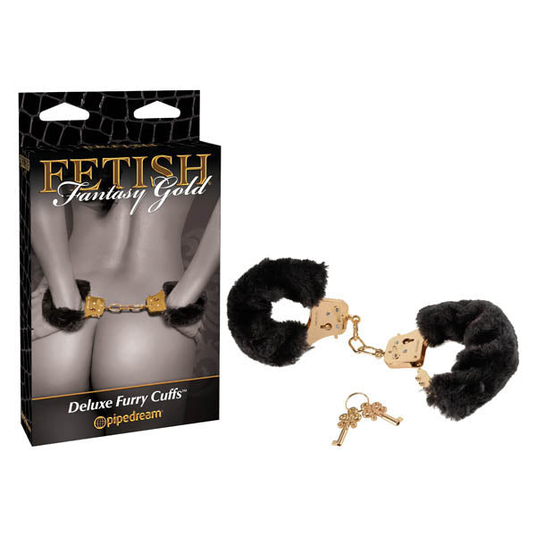 Fetish Fantasy Gold Deluxe Furry Cuffs - Black/Gold Furry Restraints with luxurious faux fur and gold metal hardware.