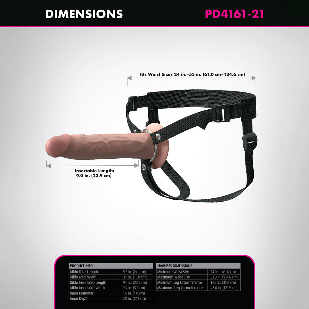 Fantasy X-Tensions Elite 9'' Silicone Hollow Strap-On -  -  22.9 cm Hollow Strap-On dimensions and harness specifications