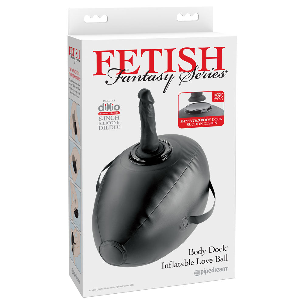 Fetish Fantasy Series Body Dock Inflatable Love Ball - Black Inflatable Cushion with Black 15.2 cm Dildo packaging image