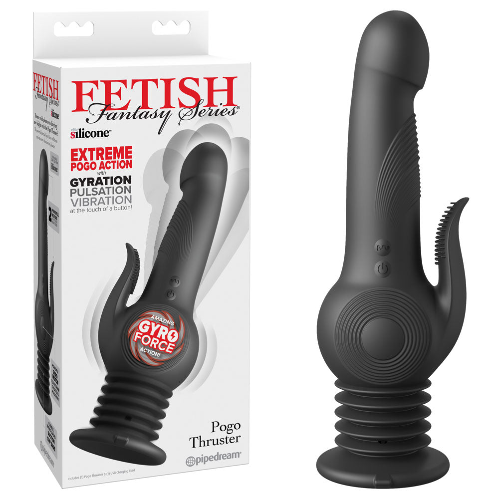 Fetish Fantasy Series Pogo Thruster - USB Rechargeable 23.5 cm Gyrating Rabbit Vibrator packaging and product image.