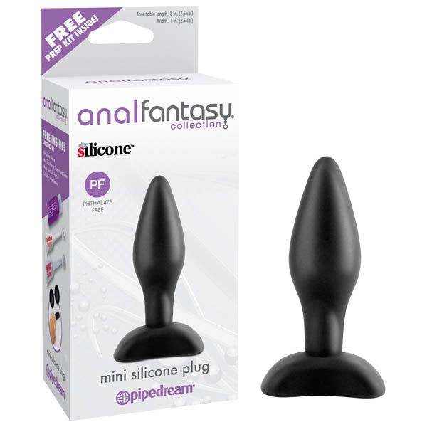 Anal Fantasy Collection Mini Silicone Plug -  7.5 cm (3'') Butt Plug in packaging with ergonomic design and tapered tip.