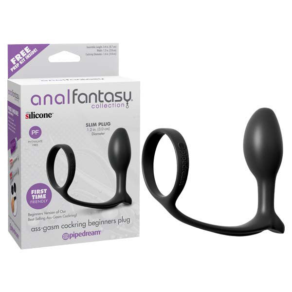 Anal Fantasy Collection Ass-Gasm Cock Ring Beginners Plug - Cock Ring with Anal Plug on a sleek package.