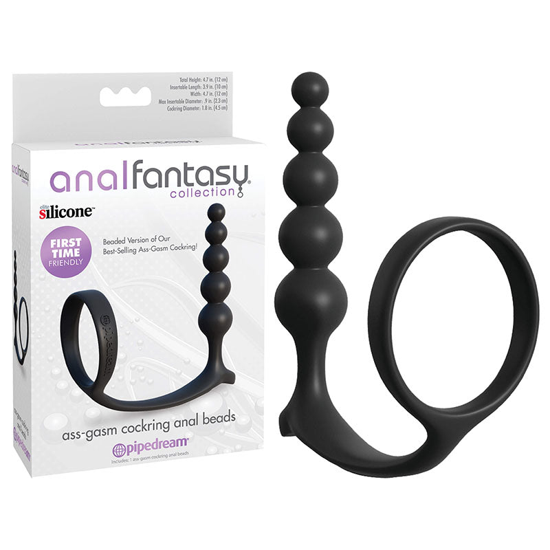 Anal Fantasy Collection Ass-Gasm Cockring Anal Beads - Cock Ring with Anal Plug packaging and product display.