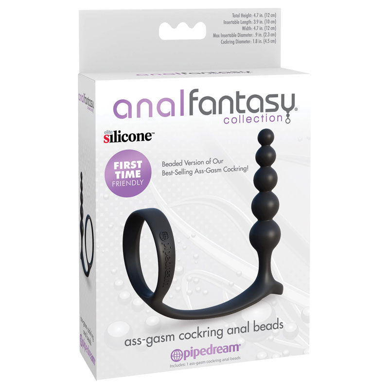 Anal Fantasy Collection Ass-Gasm Cockring Anal Beads -  Cock Ring with Anal Plug packaging display for intimate essentials.