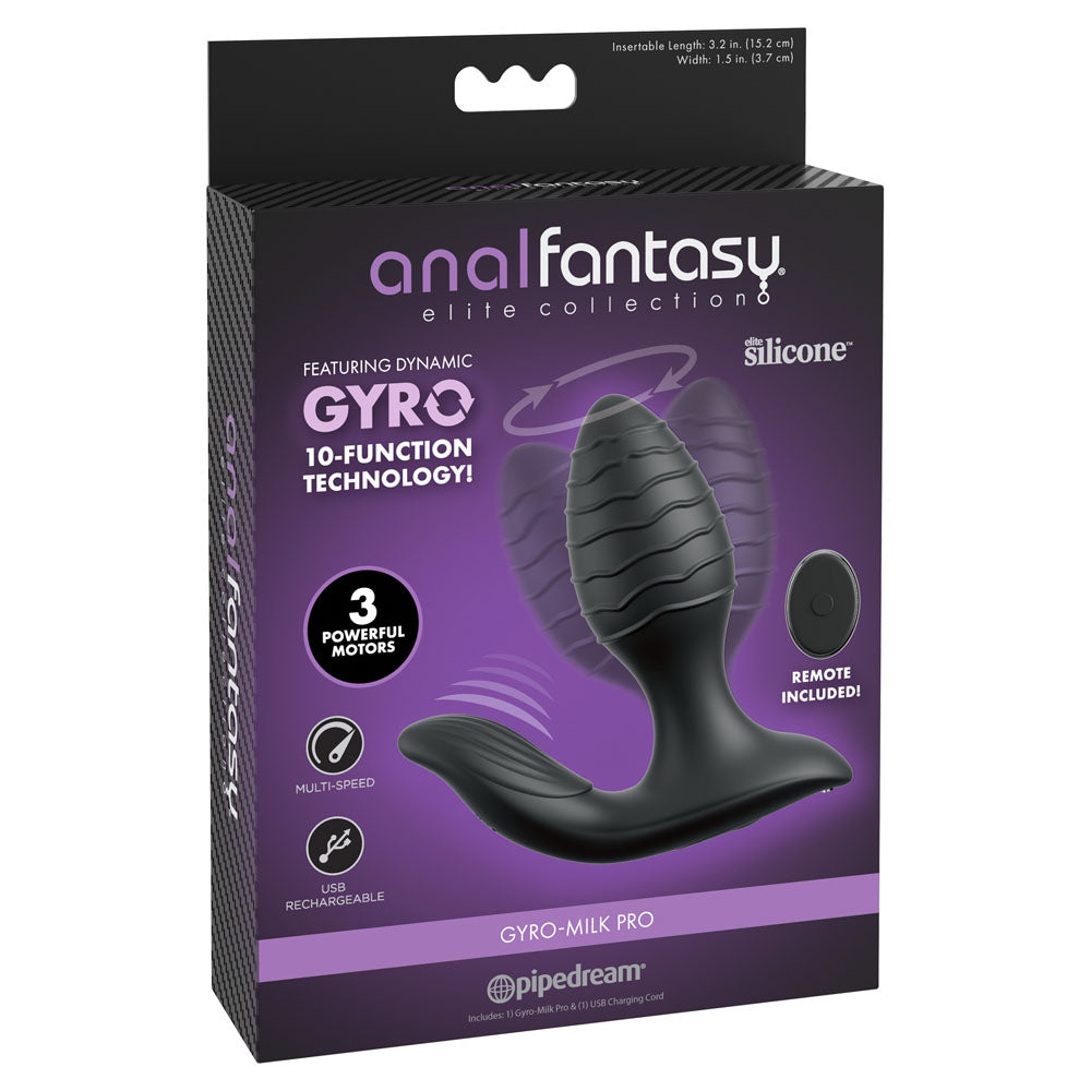 Anal Fantasy Elite Gyro-Milk Pro -  -  USB Rechargeable Gyrating Butt Plug packaging with dynamic 10-function technology.