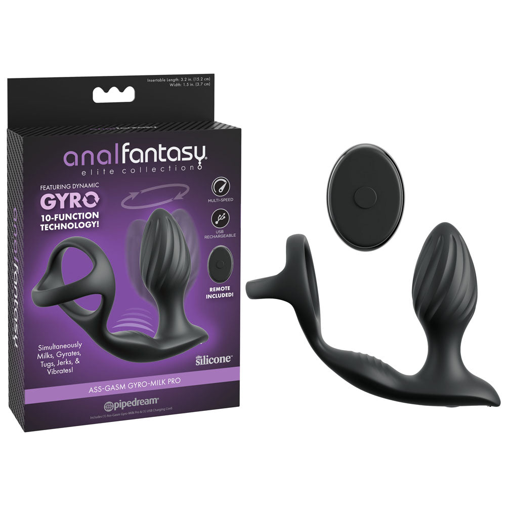 Anal Fantasy Elite Ass-Gasm Gyro-Milk Pro -  USB Rechargeable Gyrating Butt Plug with Cock Ring packaging image