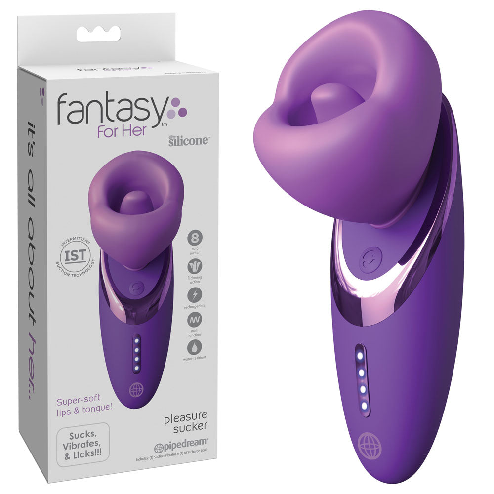 Fantasy For Her Pleasure Sucker -  USB Rechargeable Sucking, Licking & Vibrating Stimulator in purple packaging with super-soft lips.