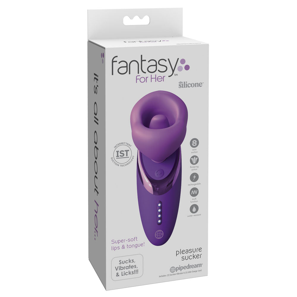 Fantasy For Her Pleasure Sucker -  USB Rechargeable Sucking, Licking & Vibrating Stimulator packaging with product details.