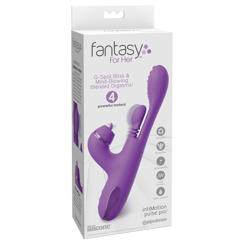 Fantasy For Her IntiMotion Pulse Pro - 24 cm USB Rechargeable Swirling & Flicking Rabbit Vibrator packaging with features highlighted.