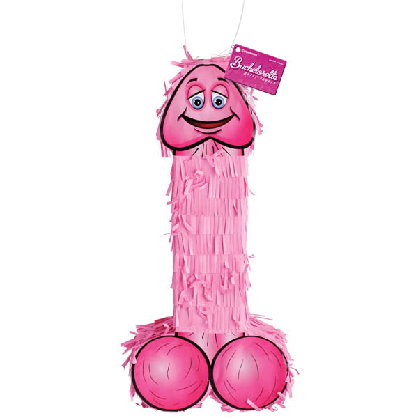 Bachelorette Party Favors Pecker Piñata -  Hen's Night Novelty with pink fringe and a smiling face, perfect for party fun.