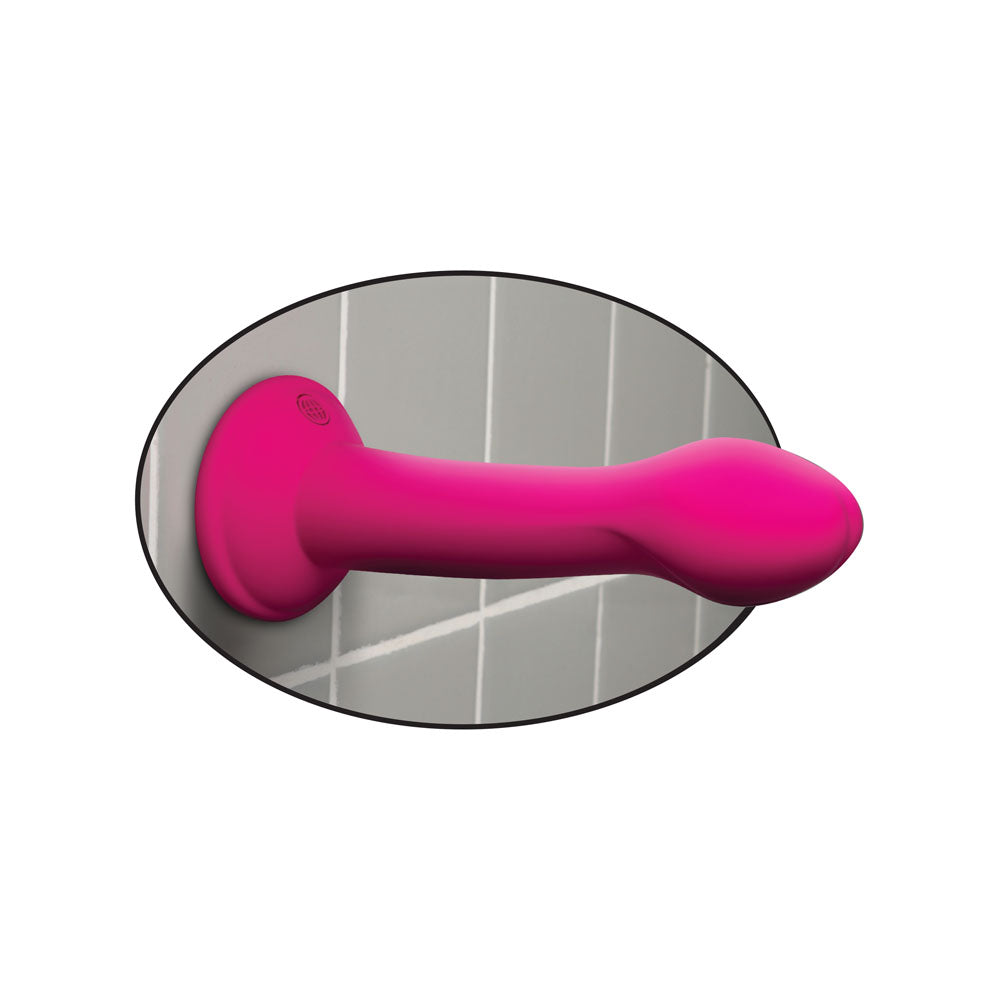 Dillio 6'' Please-Her -  15.2 cm Dong in vibrant pink attached to a tiled wall for hands-free pleasure.