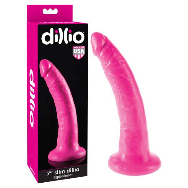 Dillio 7 inch slim dong in pink with strong suction base and packaging, perfect for adventurous fun.