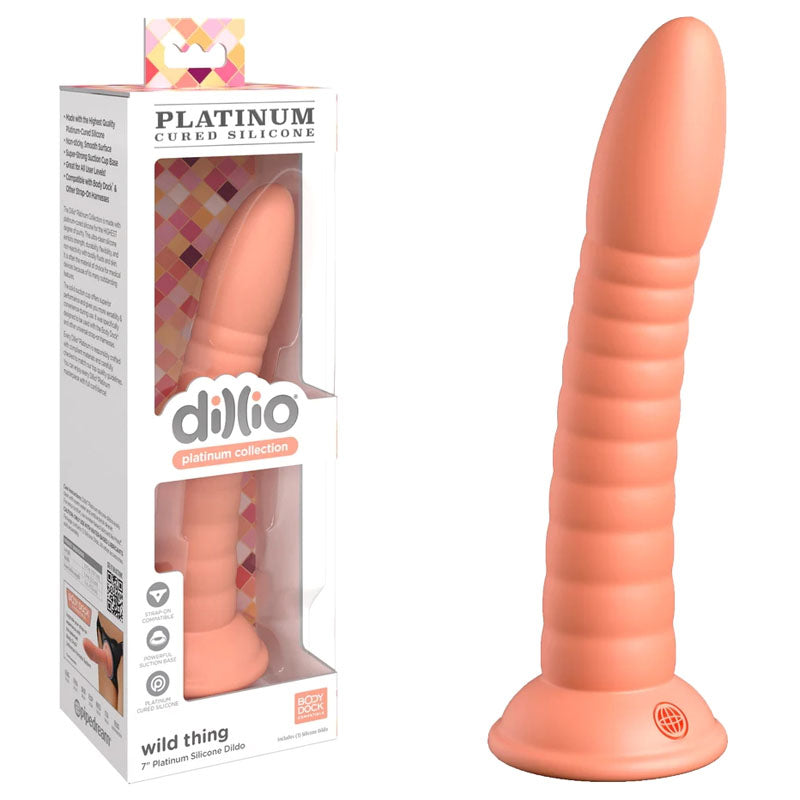 Dillio Platinum Wild Thing - Peach - Peach 17.8 cm (7'') Dong displayed with packaging for adult novelty shop.