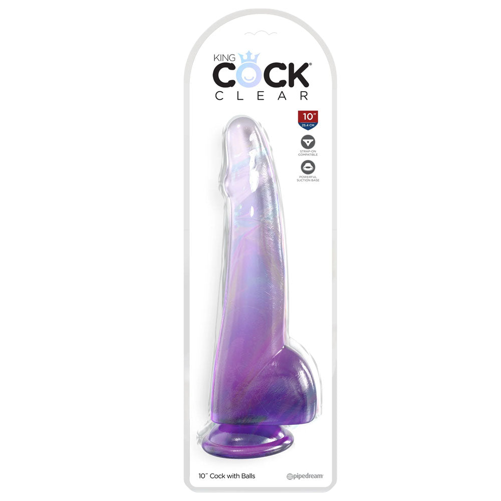 King Cock Clear 10'' Cock with Balls -  -  25 cm Dong in original packaging, showcasing translucent design.