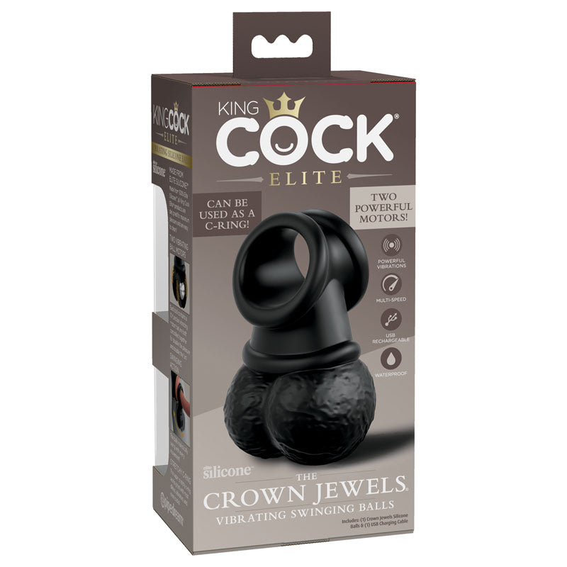 King Cock Elite The Crown Jewels Vibrating Silicone Balls - USB Rechargeable Vibrating Cock Ring packaging image