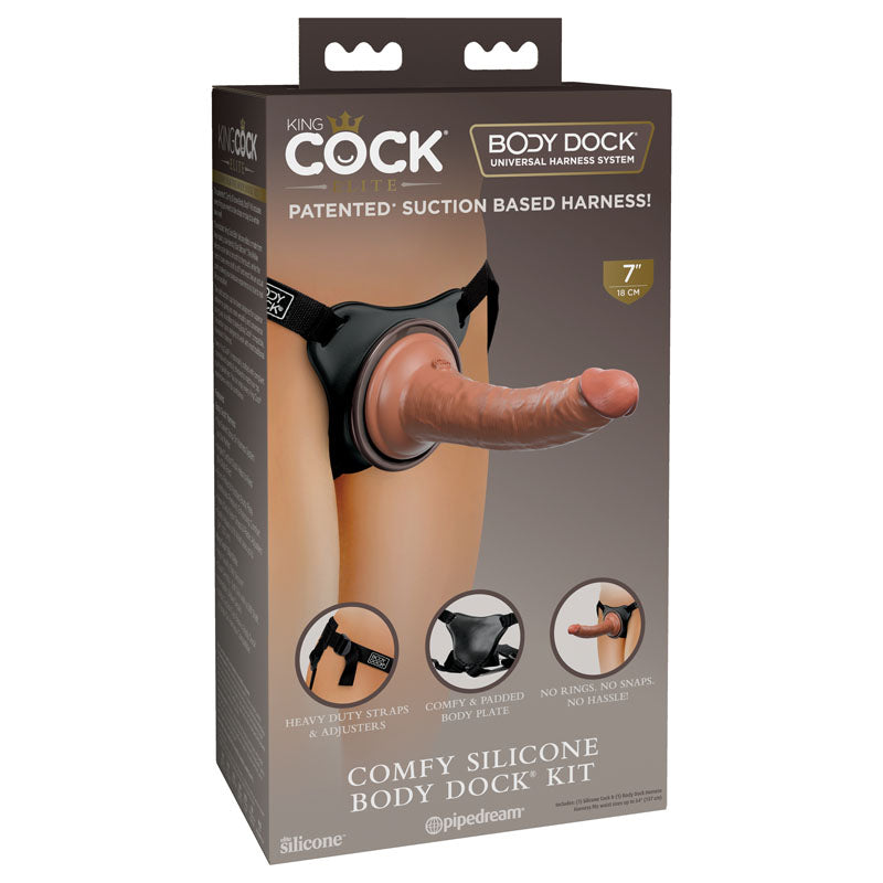 King Cock Elite Comfy Silicone Body Dock Kit - Body Dock Strap-On Harness with Tan 17.8 cm Dong packaging image