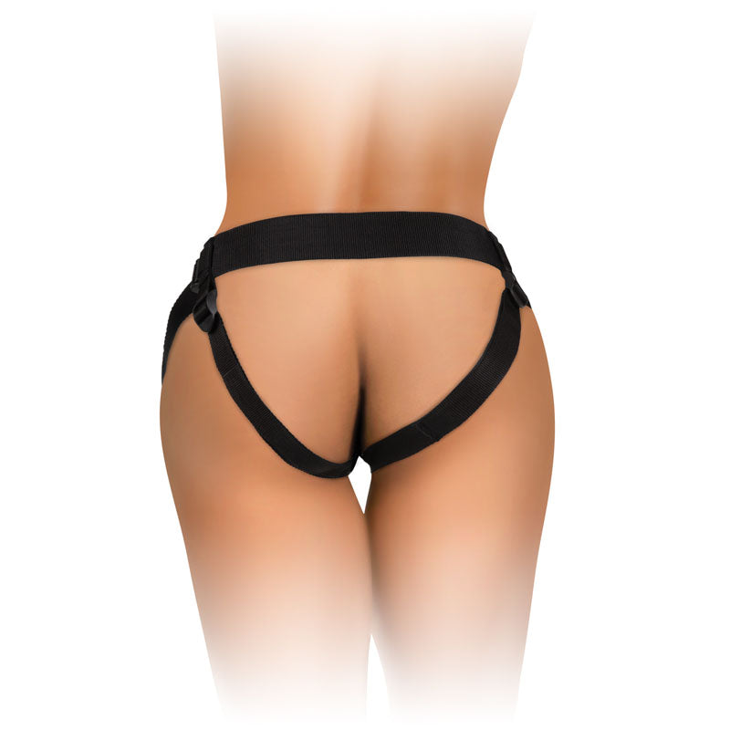 King Cock Elite Comfy Silicone Body Dock Kit - Body Dock Strap-On Harness with Tan 17.8 cm Dong on a model from behind.