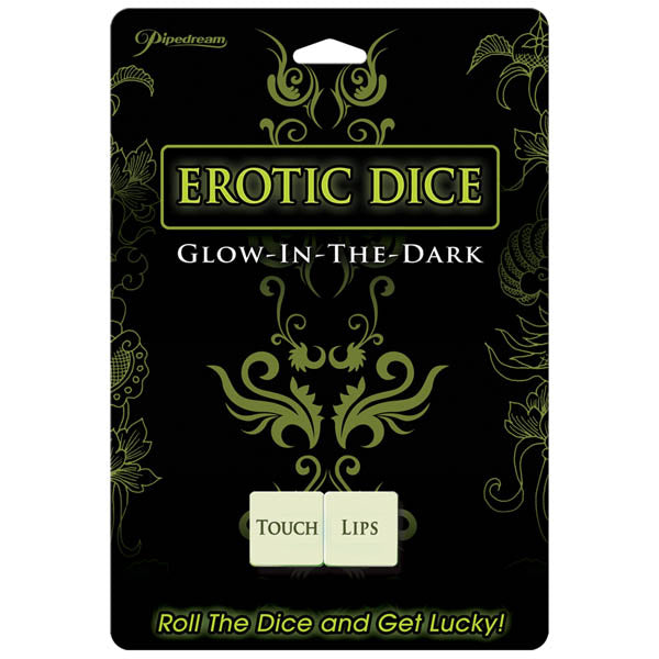 Erotic Dice - Glow in the Dark Couple's Dice Game packaging featuring commands for intimacy.