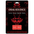 Oral Sex Dice - Couple's Dice Game packaging displaying Lick-Suck-Blow-Kiss instructions and dice options.