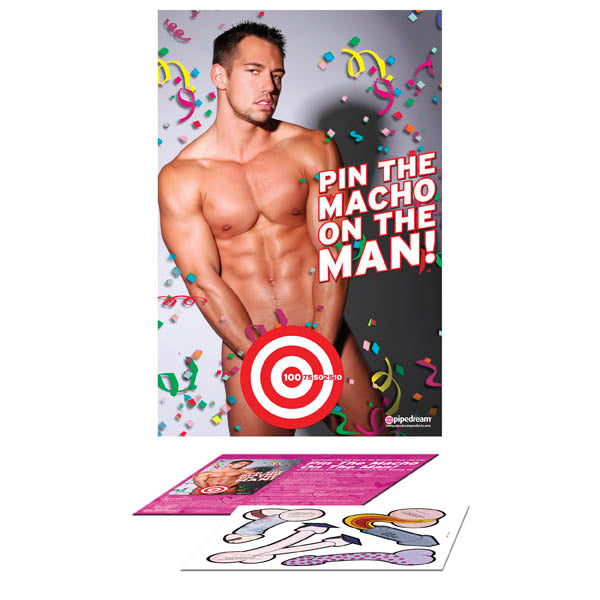 Bachelorette Party Favors Pin The Macho On The Man - Party Game with colorful confetti and playful designs.
