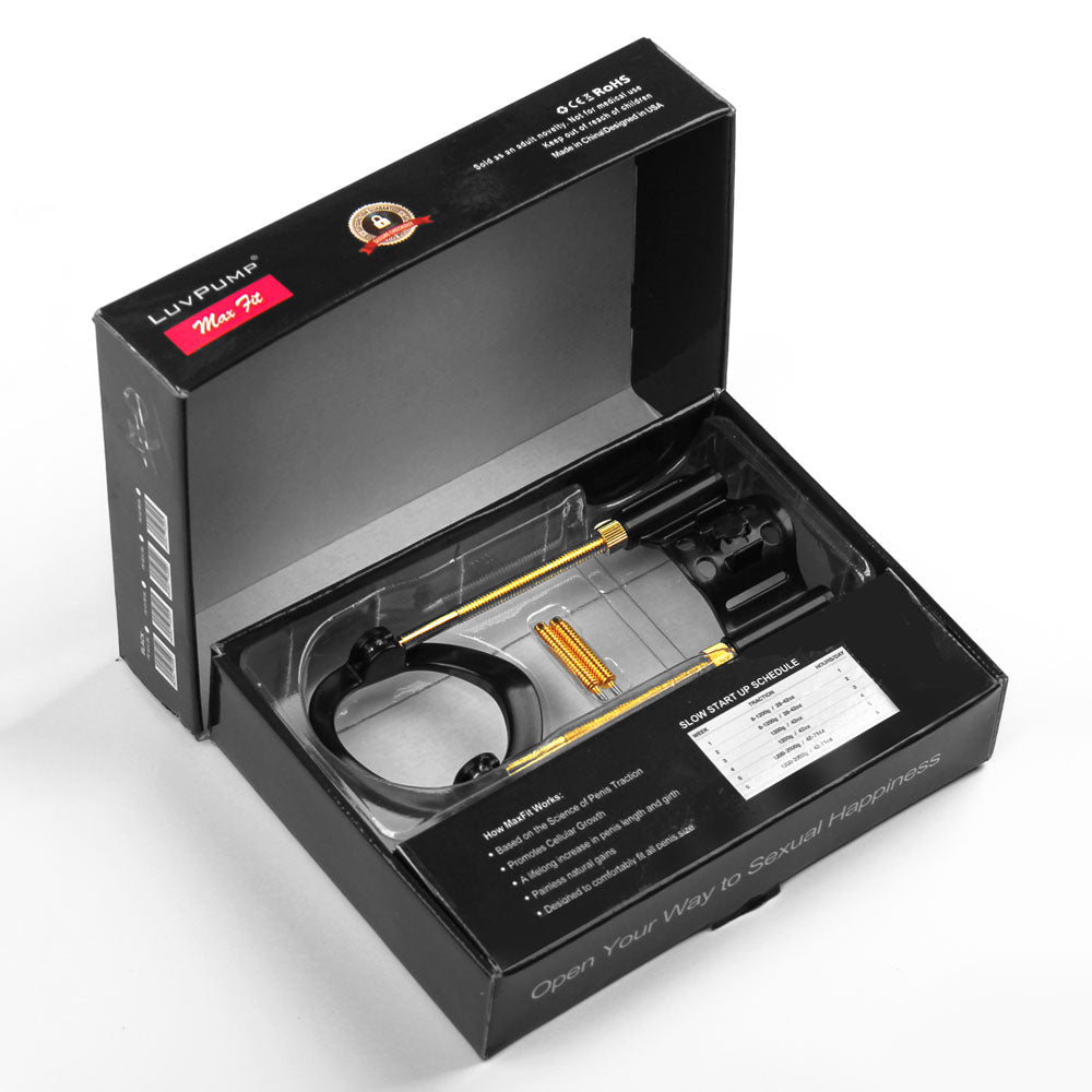 LuvPump Max Fit Hybrid Penis Extender -  -  Penis Extender Kit in an open packaging showing the product inside.