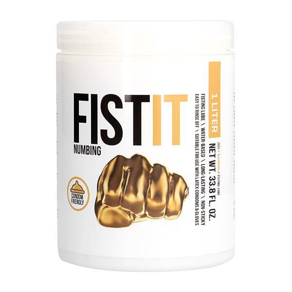 Pharmquests Fist-It Numbing - Water Based Numbing Lubricant - 1000 ml Tub packaging with gold design.