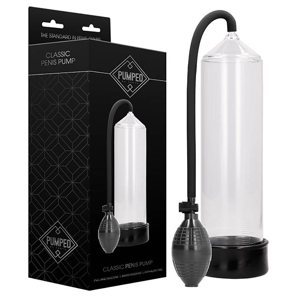 Pumped Classic Penis Pump - Clear Penis Pump with packaging and suction bulb, enhancing male performance and erection quality.