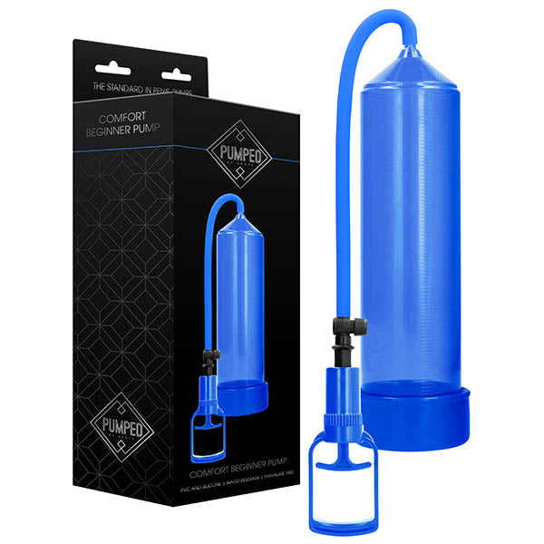 Pumped Comfort Beginner Pump - Penis Pump in blue packaging with a transparent chamber and ergonomic handle.
