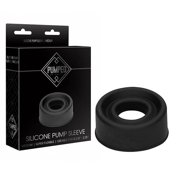 Pumped Silicone Pump Sleeve - Black Medium Sized Pump Sleeve packaging and product image showcasing its flexible design.