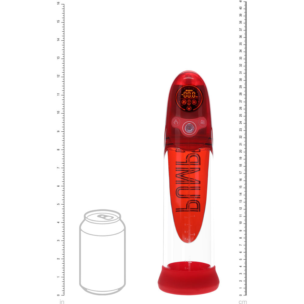 PUMPED Aqua-Pro Auto Pump -  - /Clear USB Rechargeable AI-Enabled Submersible Auto Penis Pump in red on a measurement scale.