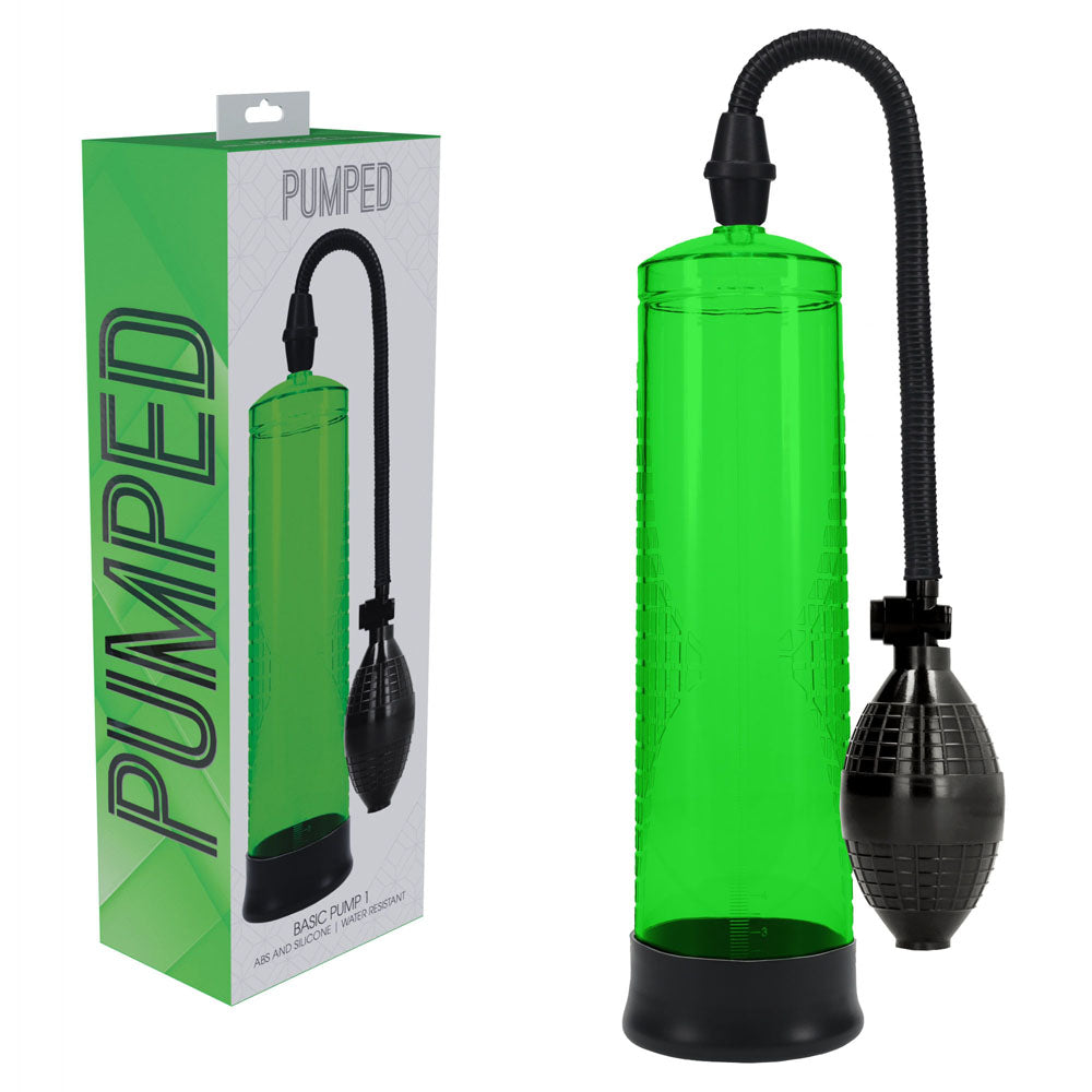 PUMPED Basic Pump 1 -  -  Penis Pump in a green color with packaging on display.