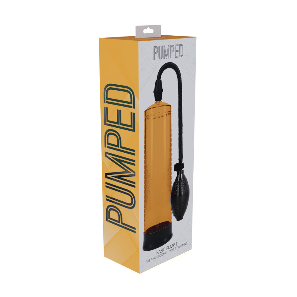 PUMPED Basic Pump 1 - Orange - Orange Penis Pump packaging with pump device and instructions.