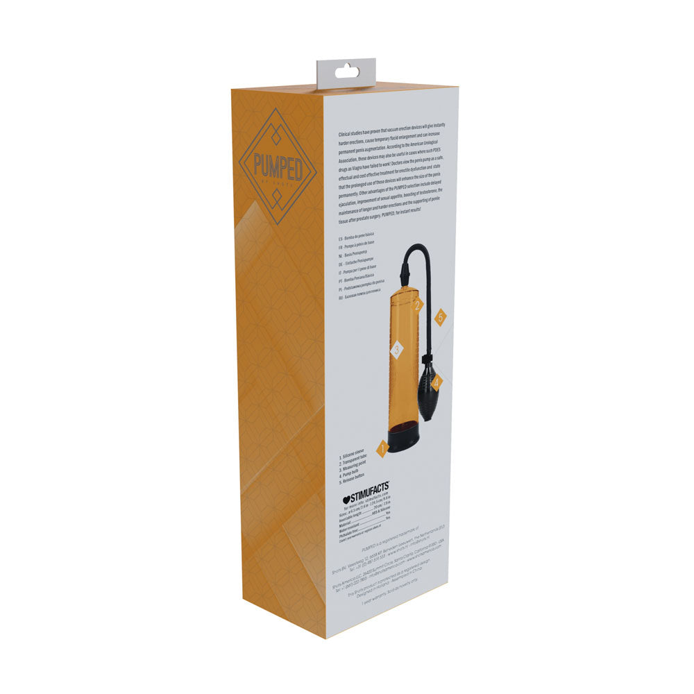 PUMPED Basic Pump 1 - Orange - Orange Penis Pump packaging with user instructions and design details.