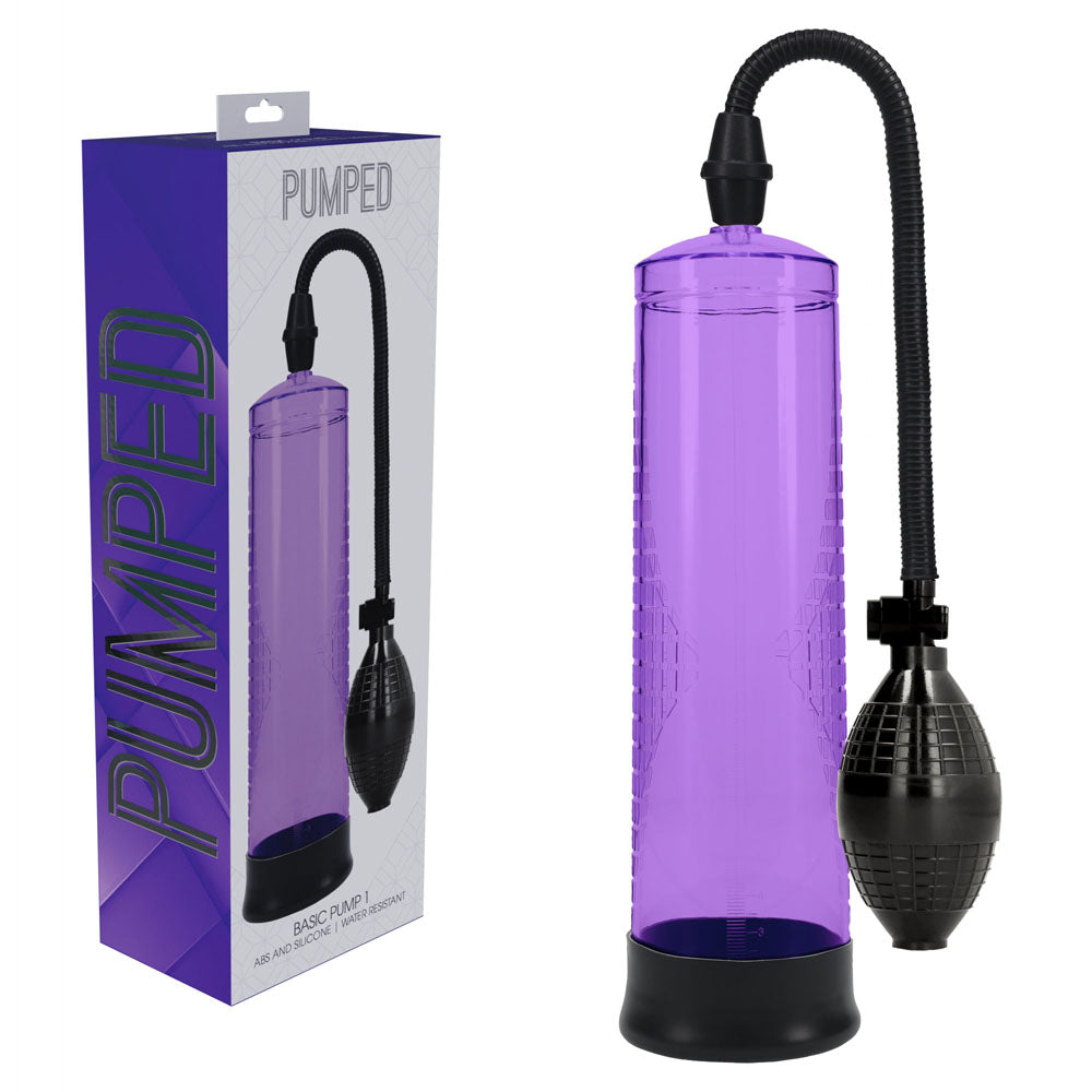 PUMPED Basic Pump 1 -  -  Penis Pump with purple cylinder and bulb, displayed beside its packaging.