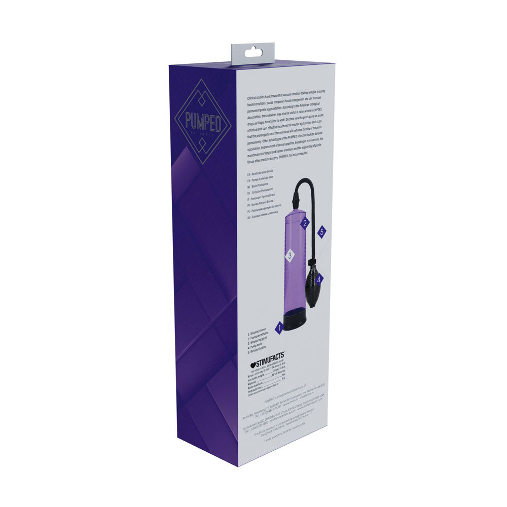 PUMPED Basic Pump 1 -  -  Penis Pump packaging showing features and design.