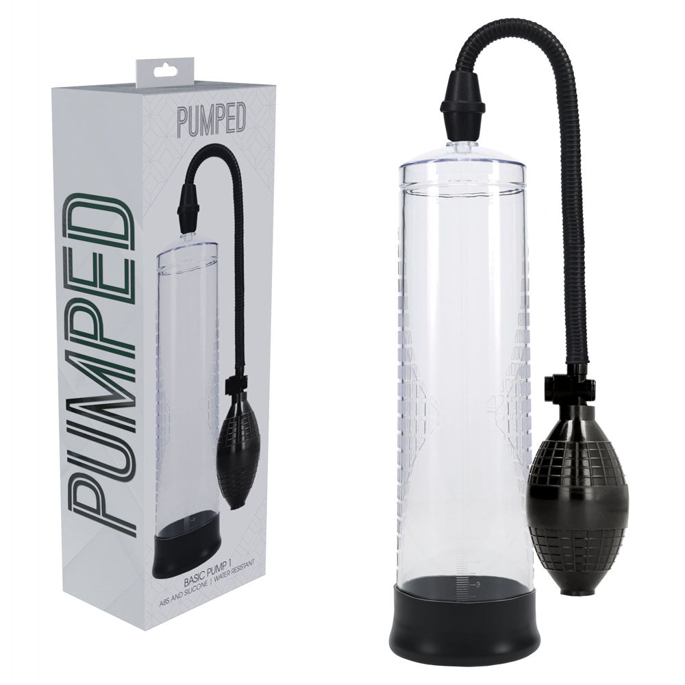 PUMPED Basic Pump 1 - Transparent - Penis Pump with packaging and black bulb.