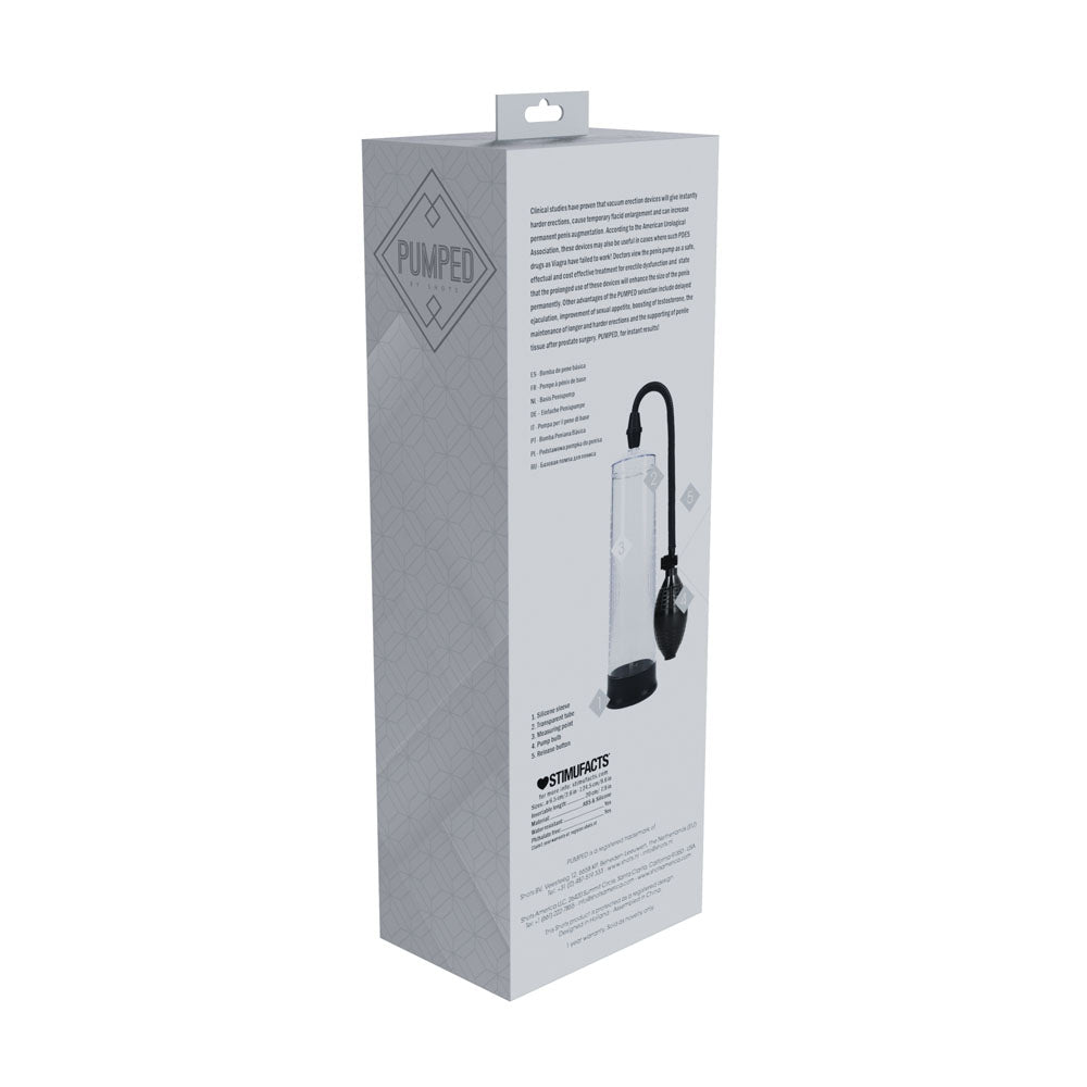PUMPED Basic Pump 1 - Transparent - Penis Pump packaging displaying instructions and features.