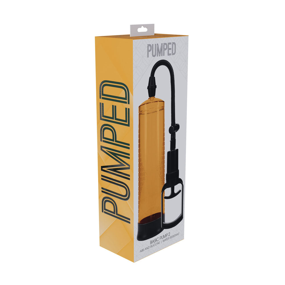 PUMPED Basic Pump 2 - Orange - Orange Penis Pump packaging featuring a stylish design and clear bottle for effective use.