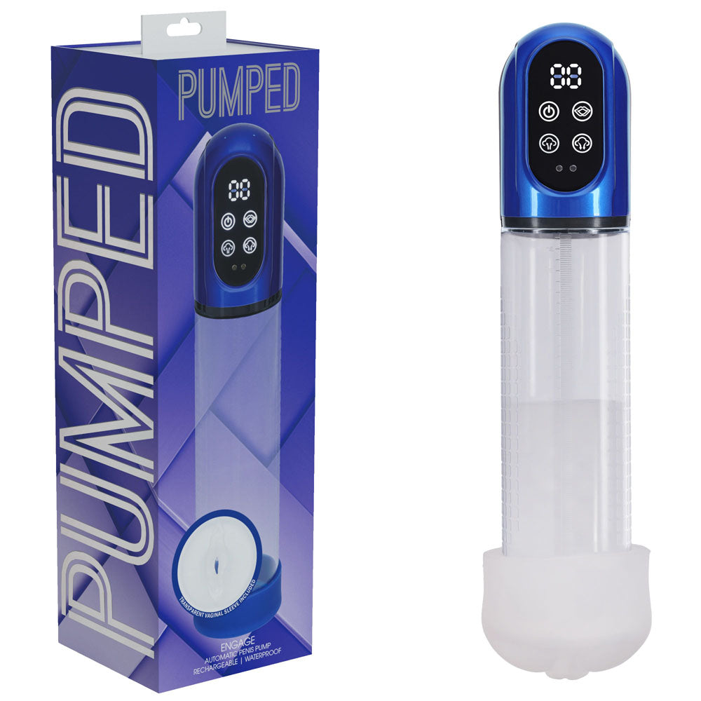 PUMPED Engage Automatic Penis Pump -  - Metallic  USB Rechargeable Auto Penis Pump displayed with packaging.