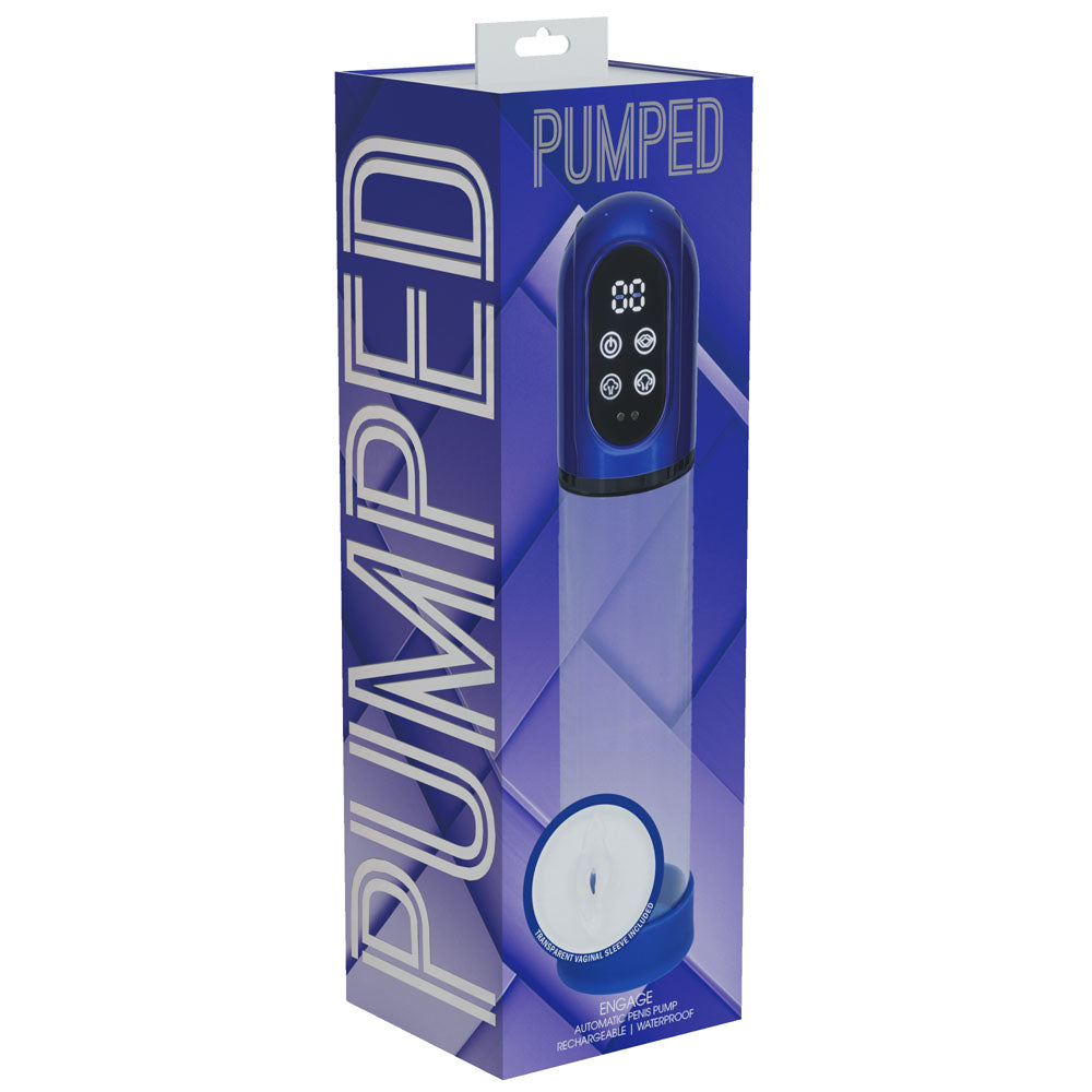 PUMPED Engage Automatic Penis Pump -  - Metallic  USB Rechargeable Auto Penis Pump packaging image.