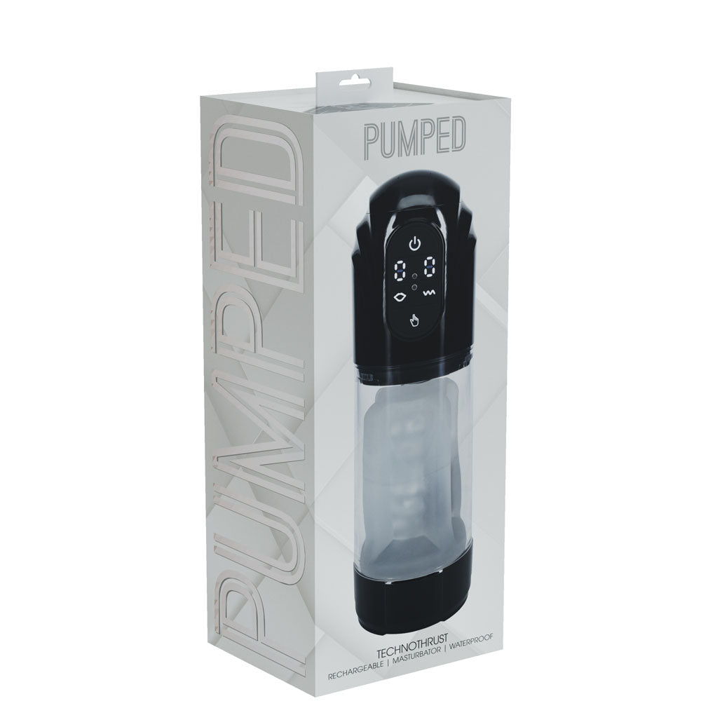 PUMPED TechnoThrust Auto Masturbator - /Clear USB Rechargeable Auto Masturbator packaging with controls and design.